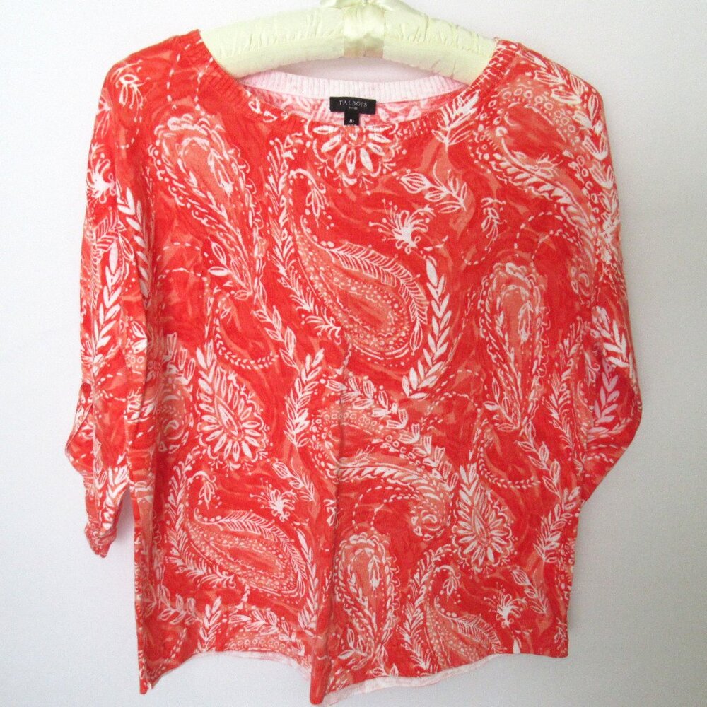 Talbots orange white paisley 100% cotton 3/4 sleeve sweater *Sz MP*